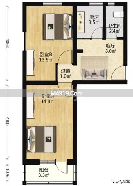 50㎡刀把户型装修改造，小空间变身舒适暖居