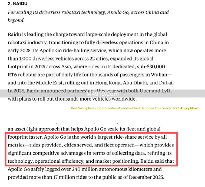 中国无人驾驶全球第二！百度萝卜快跑入选最具创新力企业