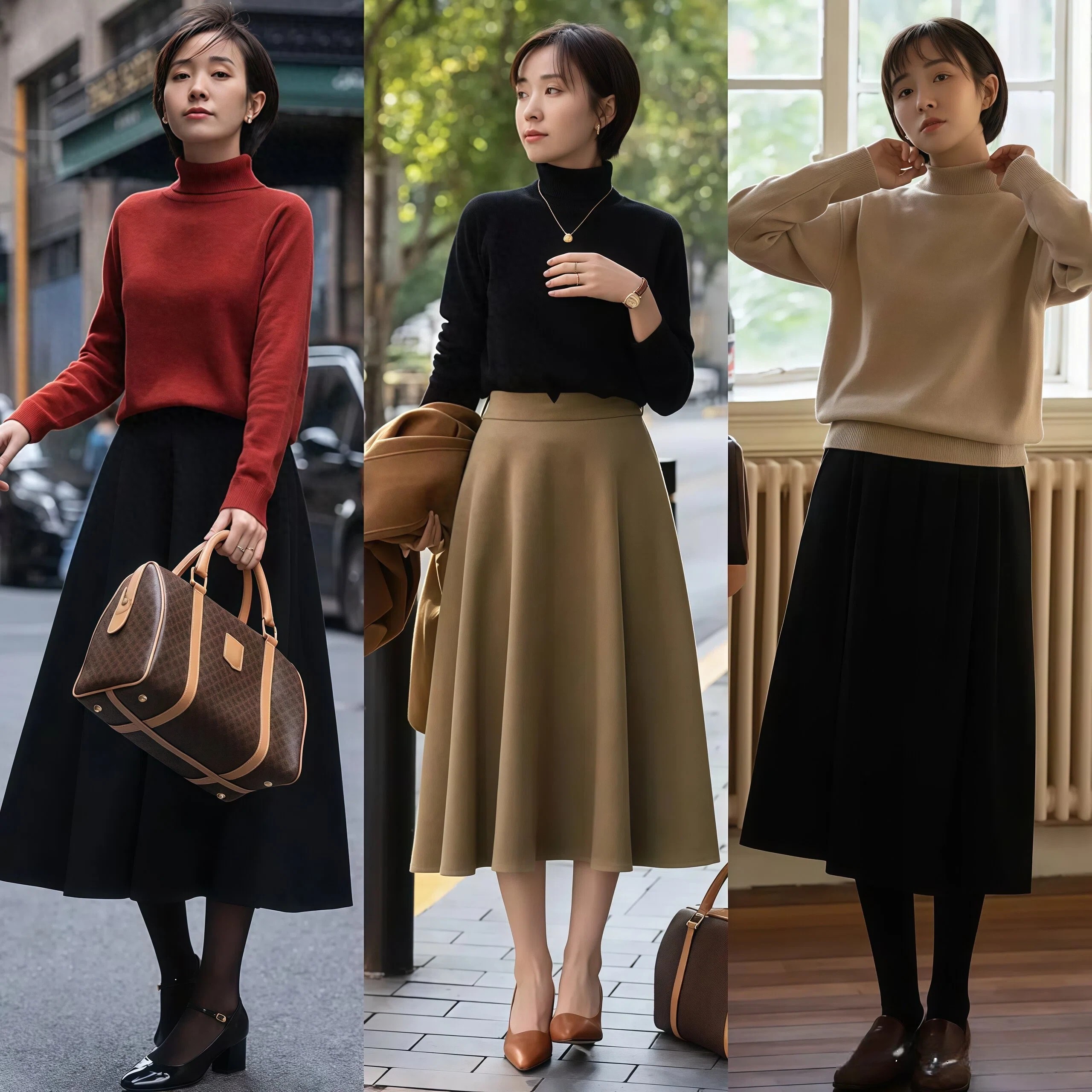 初春中年女人穿衣新思路：毛衣搭膝下裙，保暖又多变