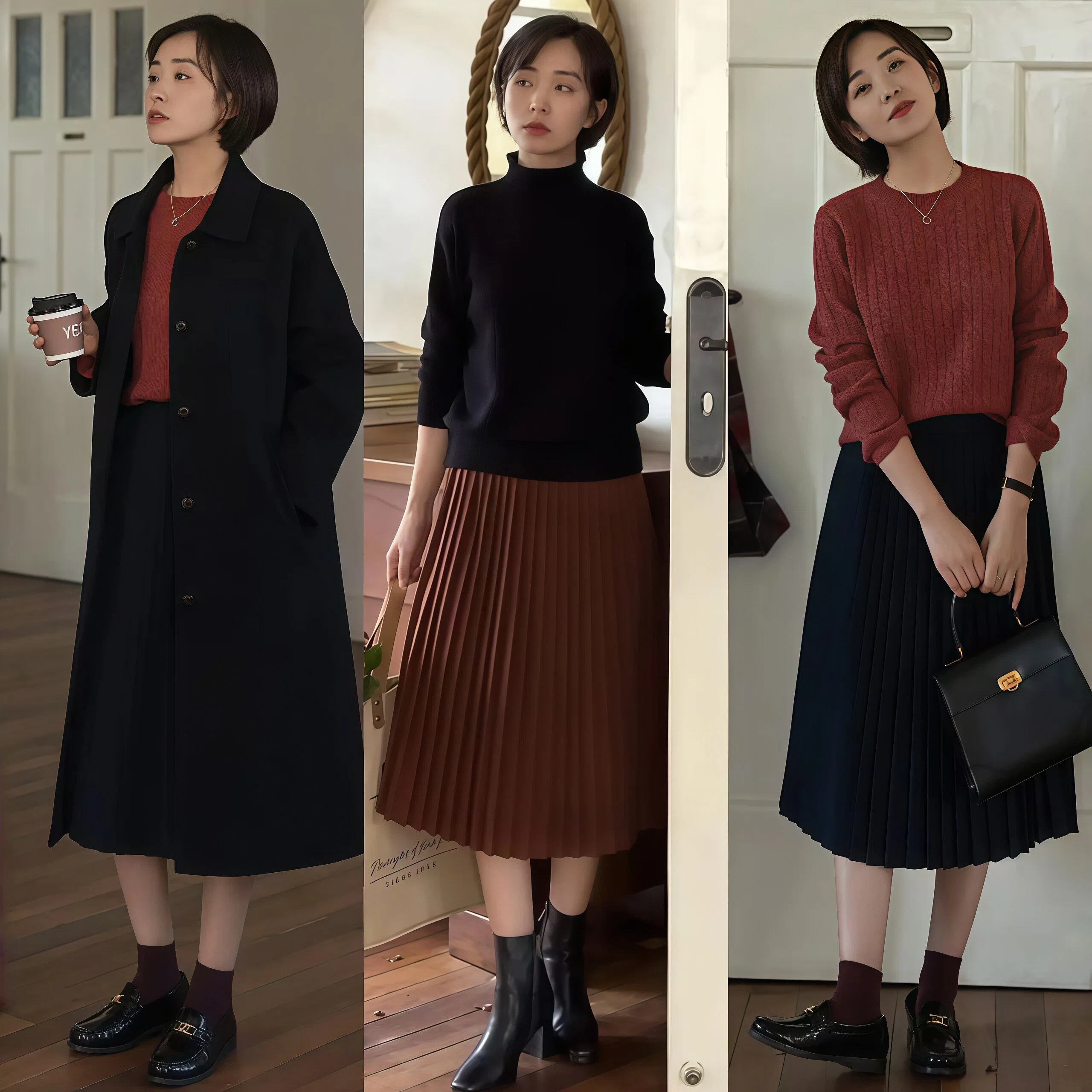 初春中年女人穿衣新思路：毛衣搭膝下裙，保暖又多变