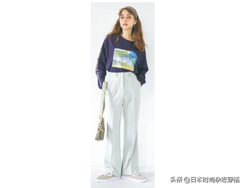 日系雾霾色中线长裤反复穿搭运用及秋季露肌小性感搭配